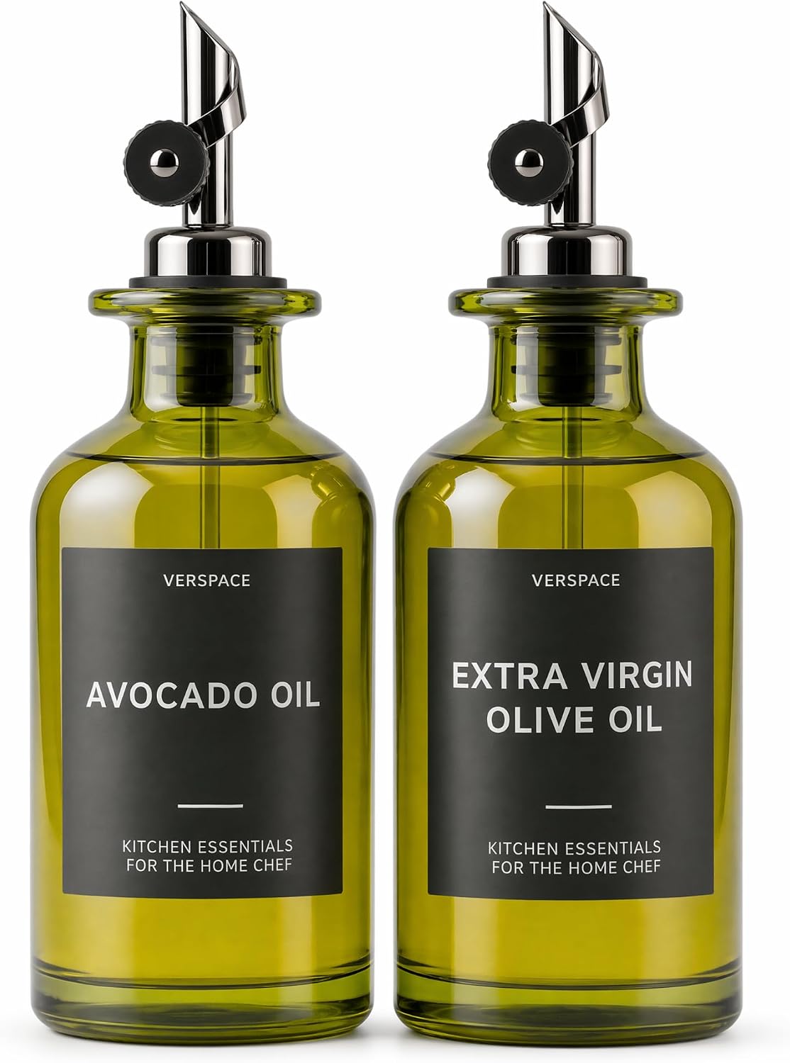 Verspace Green Glass Olive Oil Dispenser Bottles For Kitchen - 2 Pack - 12oz Includes 42 Kitchen Essential Labels, Avocado Oil Dispenser Set, Modern Decor for Home, Airbnb, Cafe