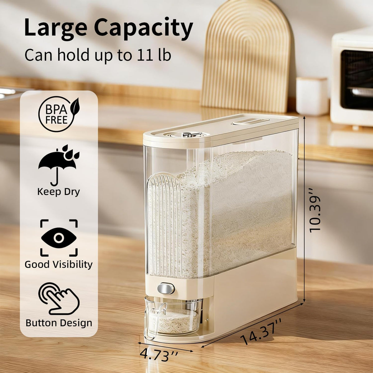 Rice Dispenser 11 Lbs, Airtight Rice Storage Container with Measuring Cup for Kitchen Pantry Organization, One-Touch Smart Dry Food Dispenser for Household Grain