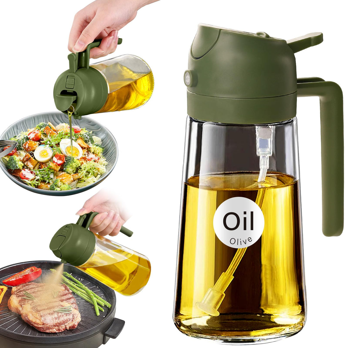 YARRAMATE 2Pcs 16oz/470ml 2 in 1 Oil Sprayer for Cooking with Stickers, Food-grade Glass Oil Spray Bottle, Oil Dispenser and Oil Sprayer for Kitchen, Salad, Frying, BBQ (White &Black)