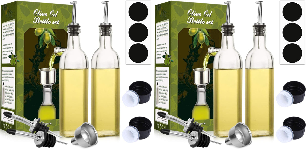 AOZITA [2 PACK] 17 oz Glass Olive Oil Dispenser Bottle Set - 500ml Clear Oil & Vinegar Cruet Bottle with Pourers, Funnel and Labels