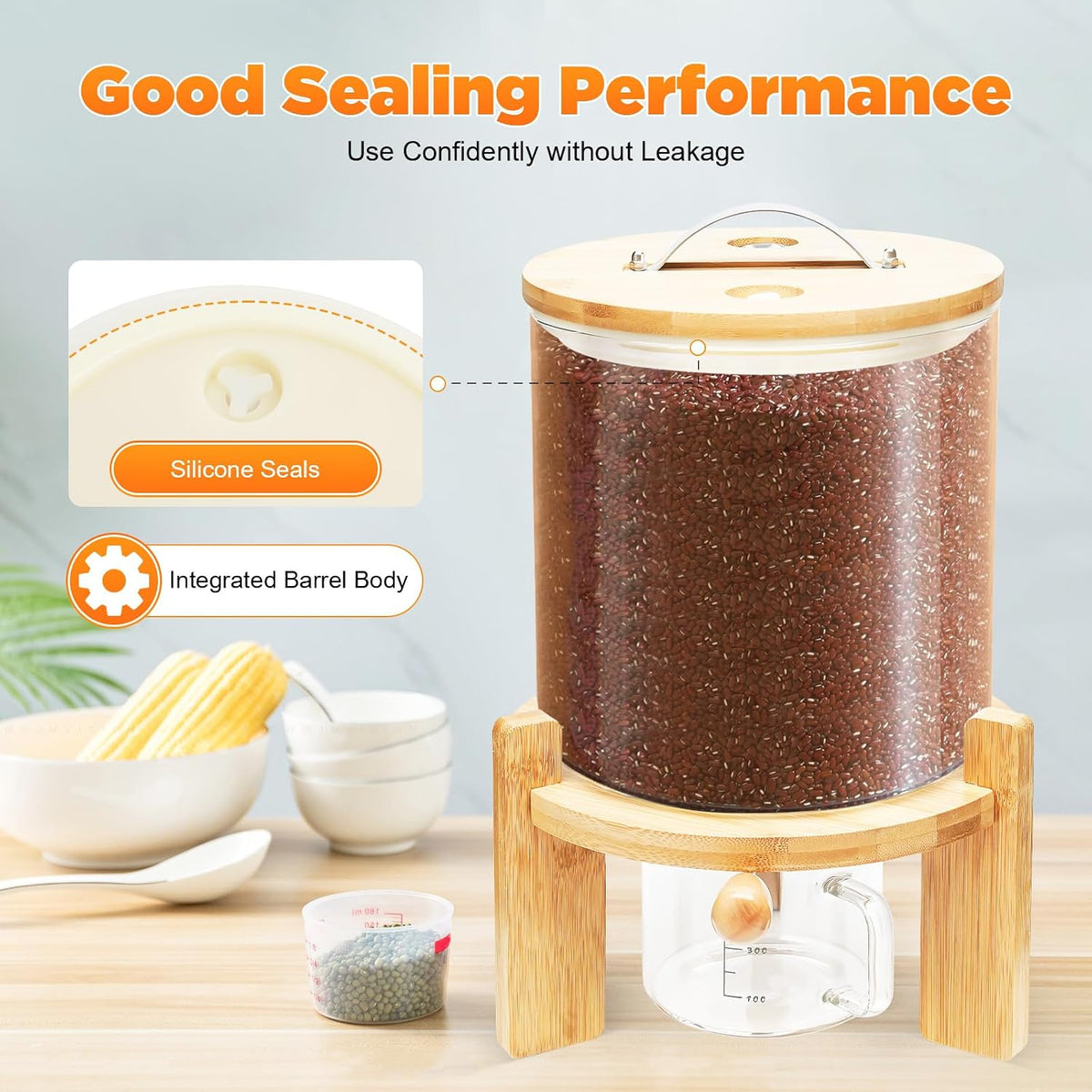 Rice Dispenser, Grain Dispenser Glass Bucket, Cereal Storage Dispenser, Large Capacity Storge Container for Dry Food (5 L)