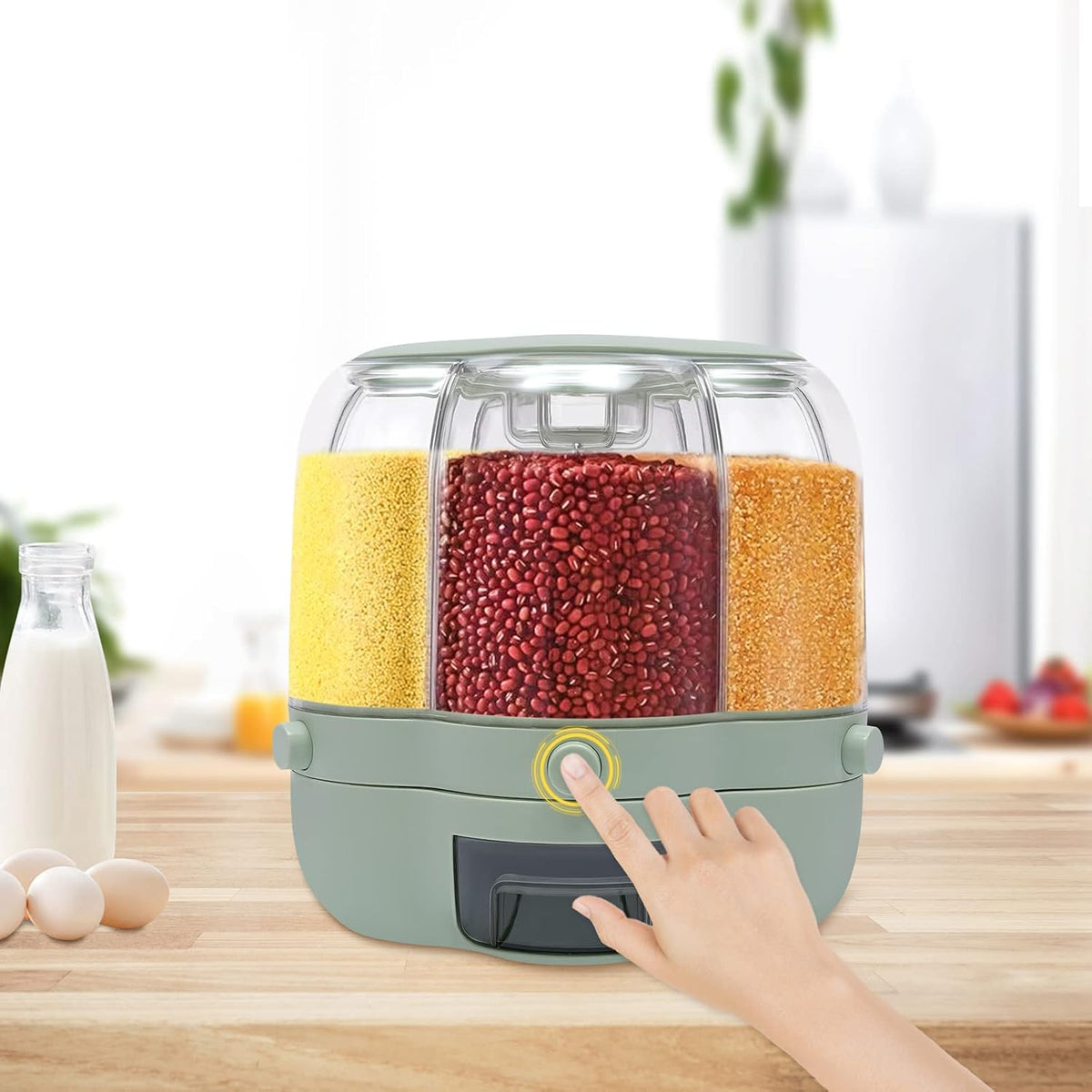 6 Grids Rice & Grain Storage Container Rice Dispenser 360° Rotating Food Dispenser Grain Dispenser One-Button Pressing Storage Bucket for Grains Snacks Candy Coffee Beans Dog