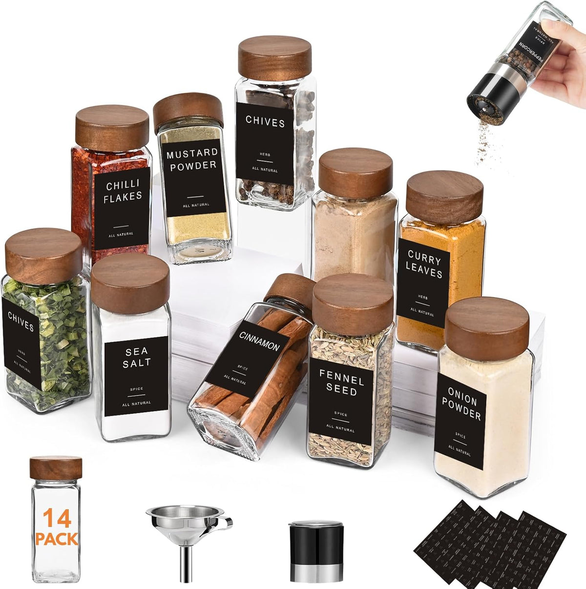 Yangbaga Glass Spice Jars with Labels, 14pcs 4oz Seasoning Organizer Jars