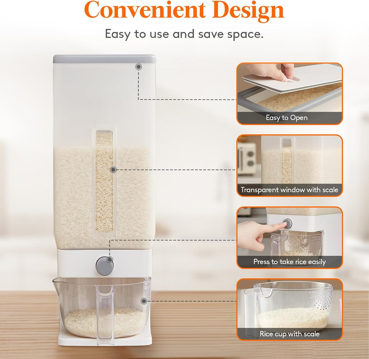 Lifewit Rice Container 26 Lbs, One-Press Dispenser with Measuring Cup