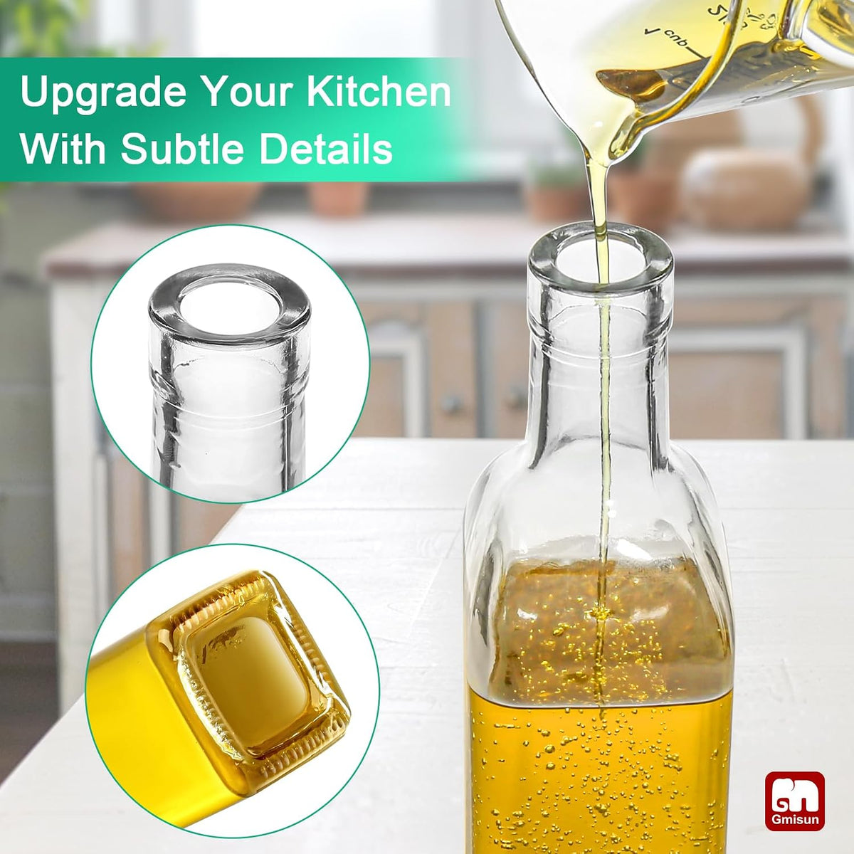 gmisun Oil and Vinegar Dispenser Bottles Set, 2 Pack 17 Fl Oz Olive Oil Dispensers Bottle for Kitchen, Clear Glass Cooking Vegetable Oil Container Cruet Set with Plastic Pourer Spout & Labels