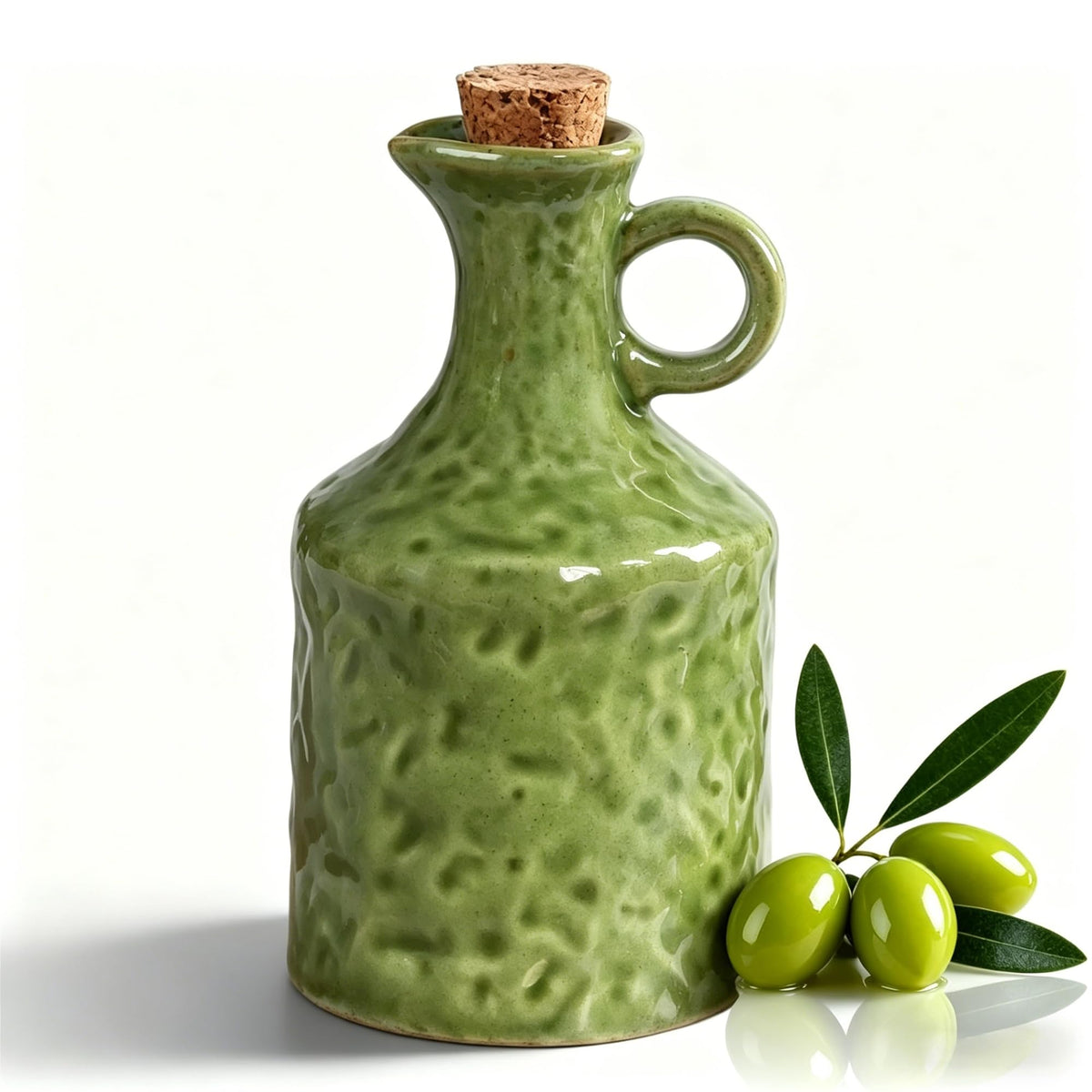 Green Ceramic Olive Oil Dispenser Bottle with Cork Stopper 13.5Oz