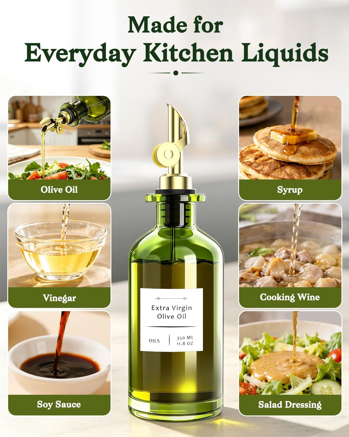 COOLMI Olive Oil Dispenser Set of 2, Dark Green Glass Bottles, 12 oz