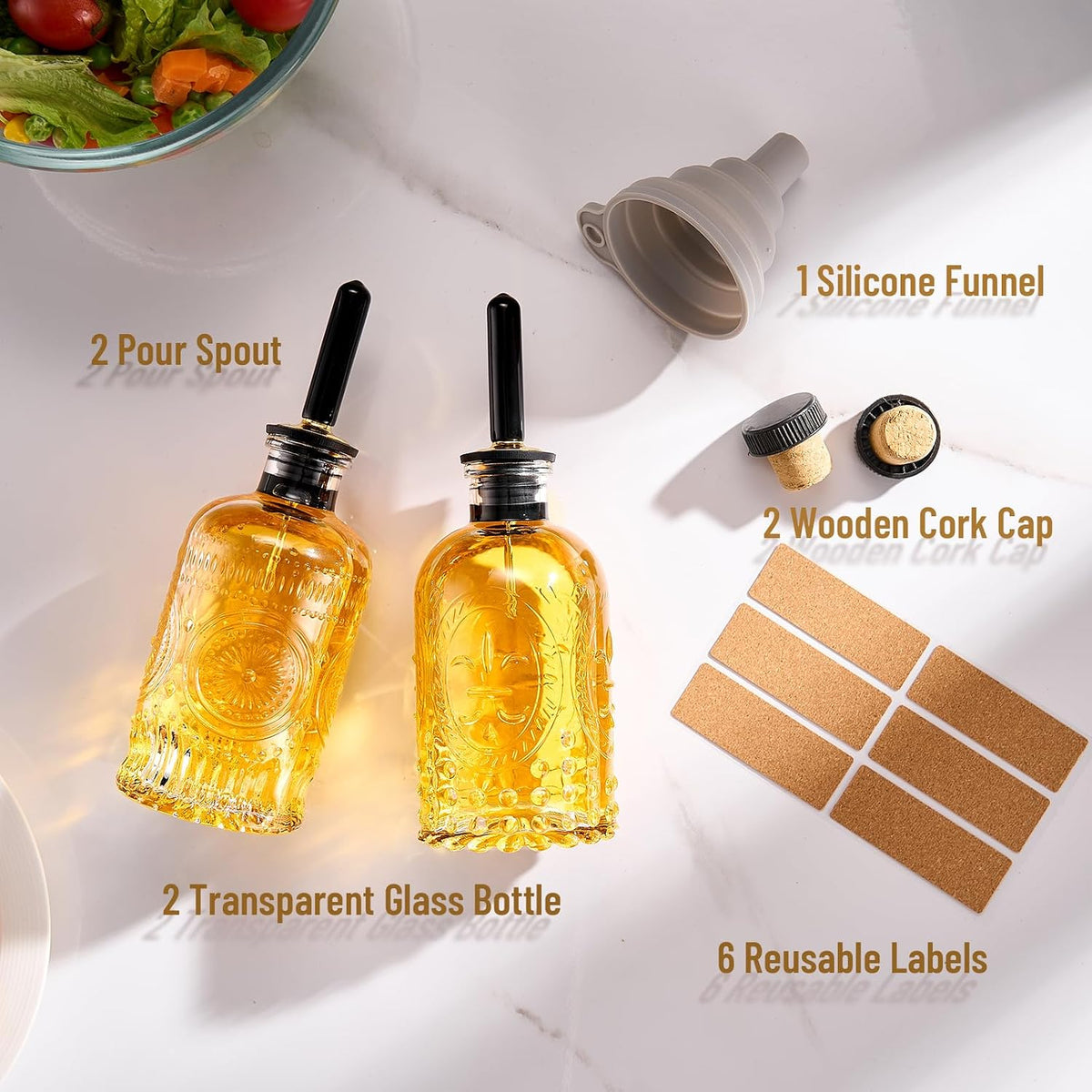 Baalaka Glass Olive Oil Dispenser Bottle Set, 7 oz, 2 Pack