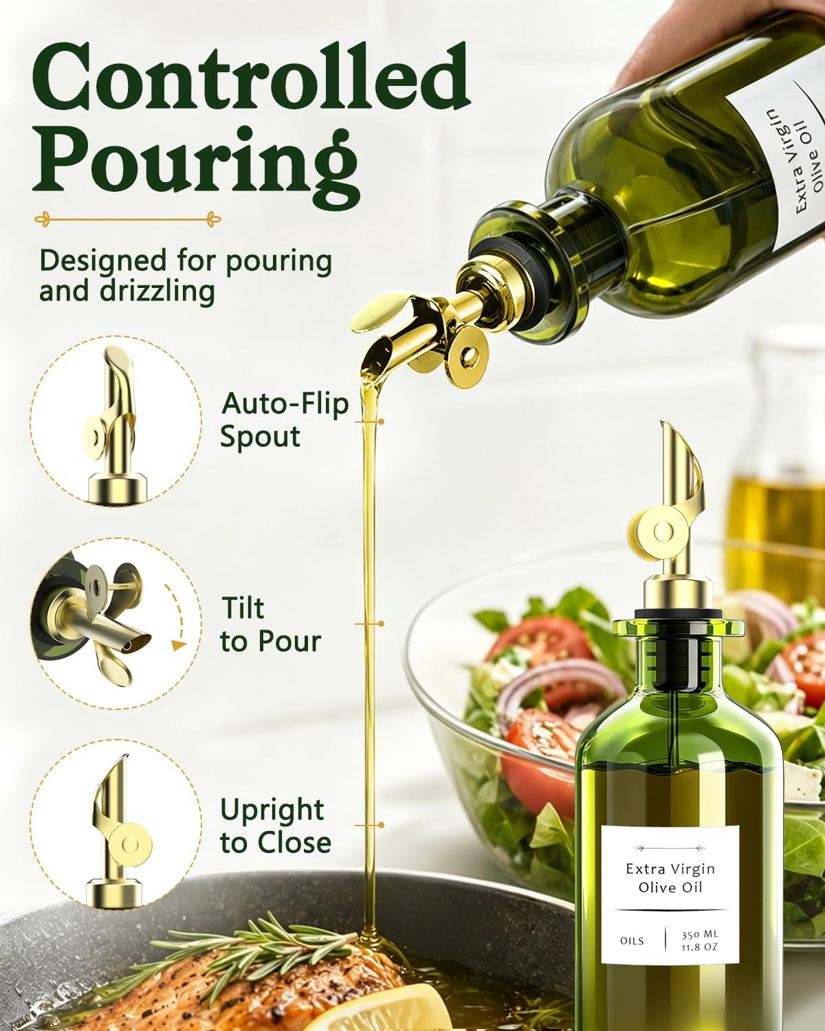 COOLMI Olive Oil Dispenser Set of 2, Dark Green Glass Bottles, 12 oz