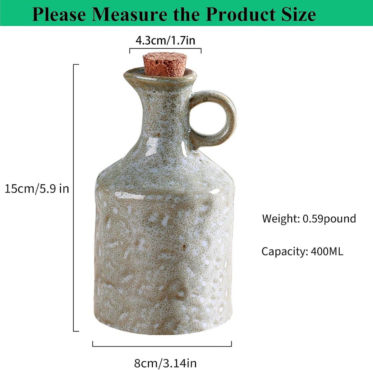 Green Ceramic Olive Oil Dispenser Bottle with Cork Stopper 13.5Oz