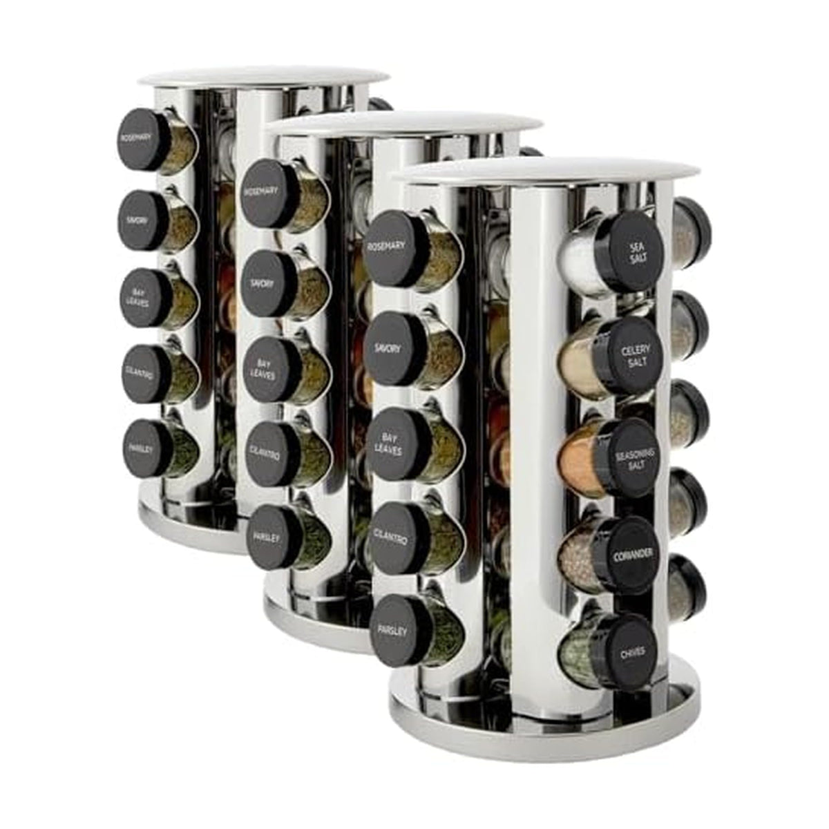 Kamenstein 20 Jar Revolving Countertop Spice Rack with Spices Included, FREE Spice Refills for 5 Years, Polished Stainless Steel with Black Caps, 30020
