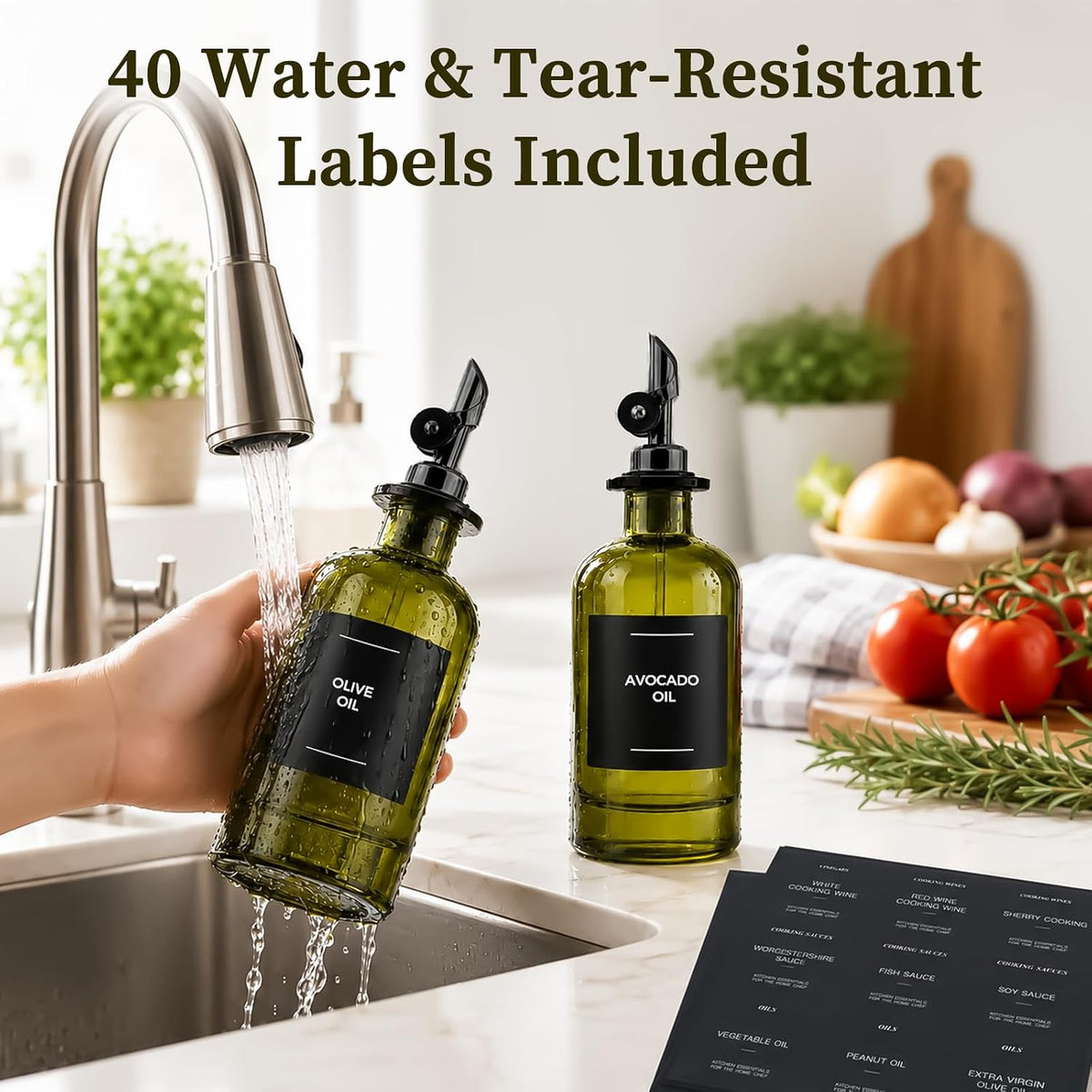 Glass Olive Oil Dispenser Set of 2, 350ml/11.8oz UV-Protected Green Bottles Self-Closing Pourer, Includes 50 Labels, Funnel & Aligner, Oil & Vinegar Dispenser for Kitchen Cooking