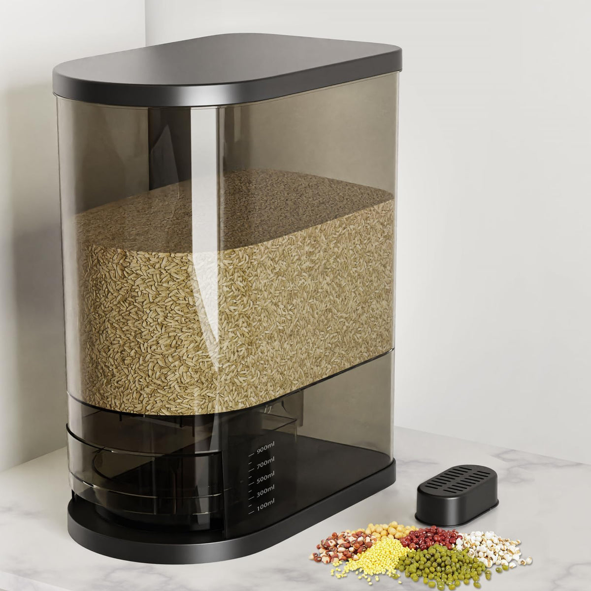 SYNCVIBE Large Rice Dispenser, 22-25 Lbs, Airtight, Measuring Cup, Black