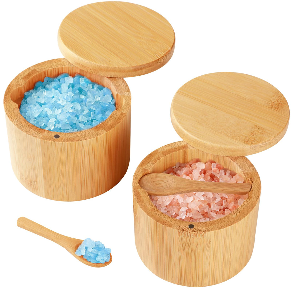 Timtopno Salt Cellar, Acacia Wood Salt Container with Built-in Spoon & Swivel Lid, Engraved SALT Box, Salt Holder Bowl for Countertop Seasoning Storage