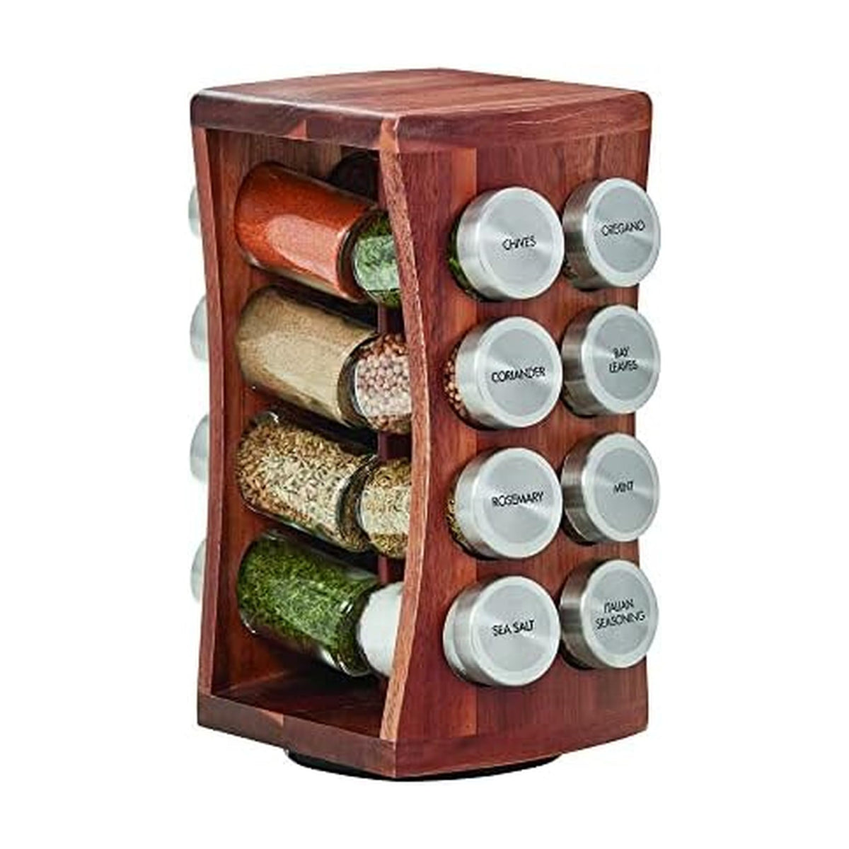 Kamenstein 16 Jar Ellington Revolving Countertop Spice Rack with Lift & Pour Caps and Spices Included, FREE Spice Refills for 5 Years: Black and Chrome