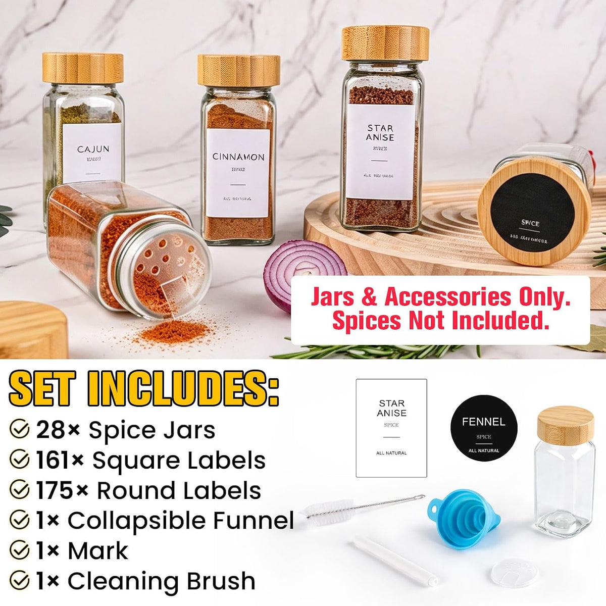 28PCS Spice Jars with Label, 4oz Glass Seasoning Containers with Bamboo Lid