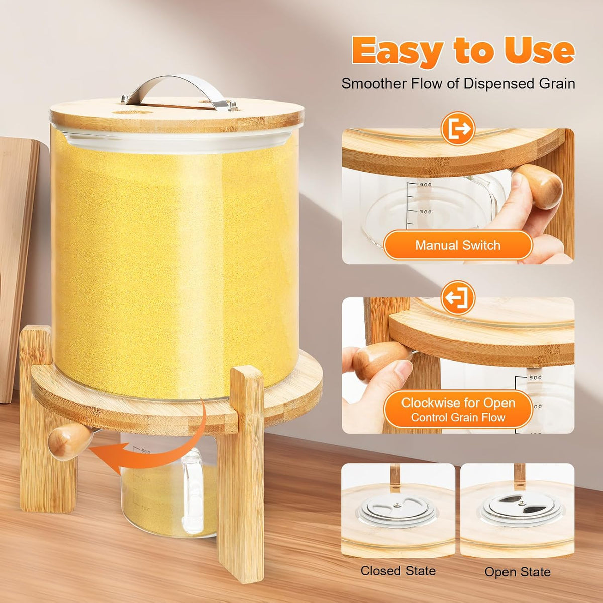 Rice Dispenser, Grain Dispenser Glass Bucket, Cereal Storage Dispenser, Large Capacity Storge Container for Dry Food (5 L)