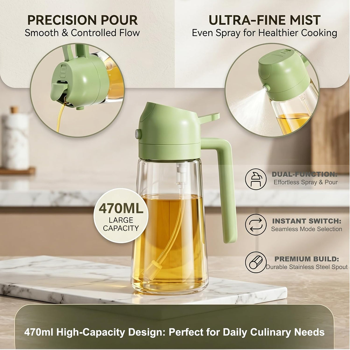 Pure Future 2-in-1 Olive Oil Sprayer for Cooking, Dispenser Bottle (Green)