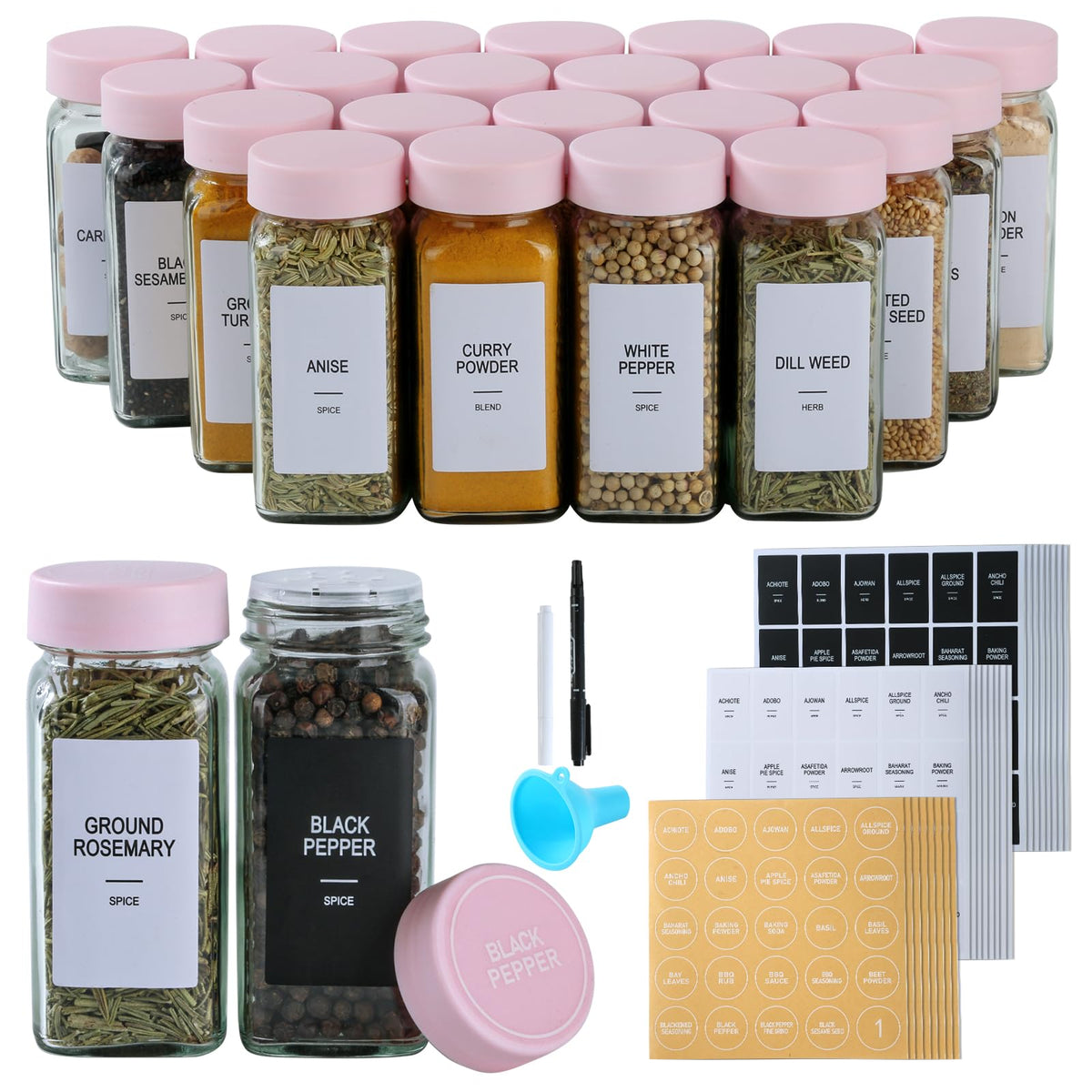 24 Glass Spice Jars with Labels, Spice Jar Set, 4oz Seasoning Containers, Spice Containers with Pink Airtight Lids and Shaker Lids, Square Empty Spice Bottles, 492 Labels, 1 Funnel