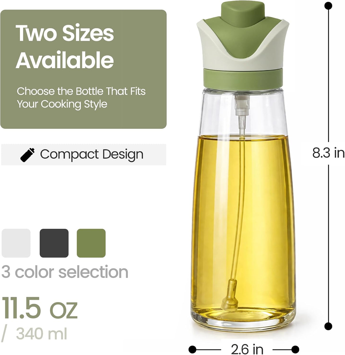 Olive Oil Dispenser for Kitchen 2-in-1 Pour and Spray | 11.5 oz / 340 ml | Glass Olive Oil Sprayer for Cooking, Airfryer, Salad & BBQ | Set of 2 Bottles, Green