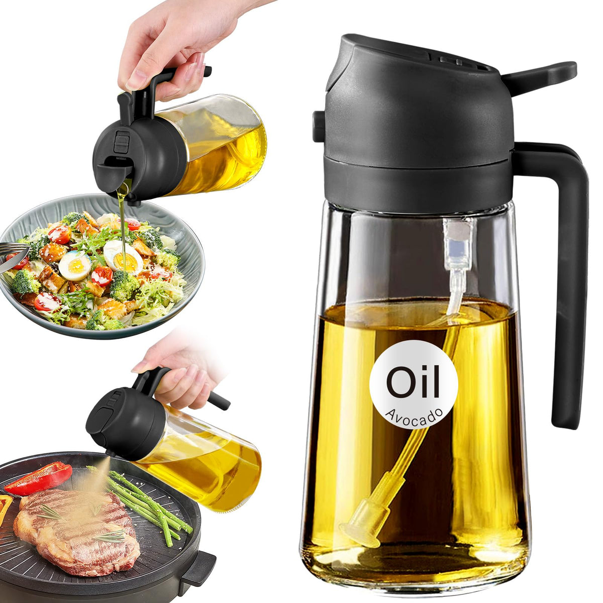 YARRAMATE 2Pcs 16oz/470ml 2 in 1 Oil Sprayer for Cooking with Stickers, Food-grade Glass Oil Spray Bottle, Oil Dispenser and Oil Sprayer for Kitchen, Salad, Frying, BBQ (White &Black)