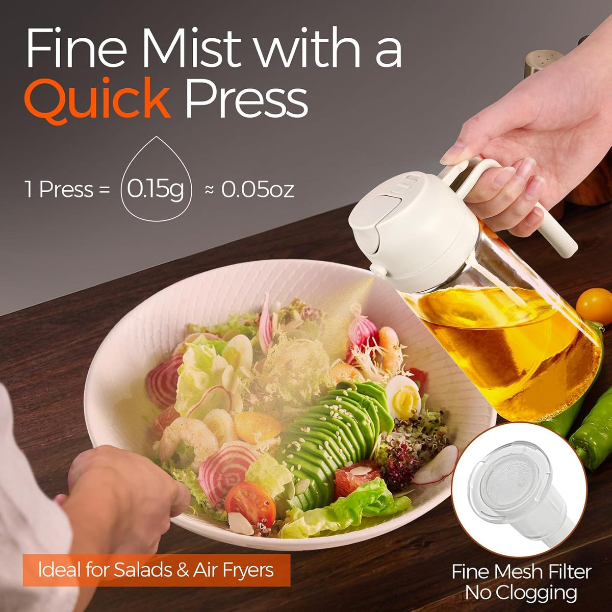 YARRAMATE 2Pcs 16oz/470ml 2 in 1 Oil Sprayer for Cooking with Stickers, Food-grade Glass Oil Spray Bottle, Oil Dispenser and Oil Sprayer for Kitchen, Salad, Frying, BBQ (White &Black)