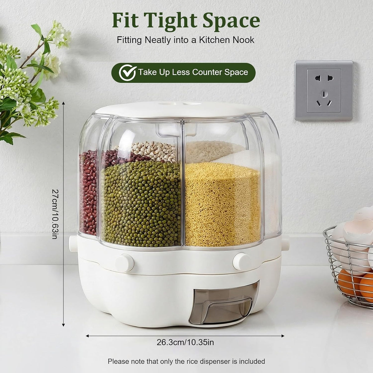 6 Compartment Rotating Rice Dispenser, Grain Storage Container for Dry Food, Cereal, Bean, Flour, Kitchen Countertop Pantry Organizer with Press Button Outlet, Clear Body, 17.64 lbs Capacity