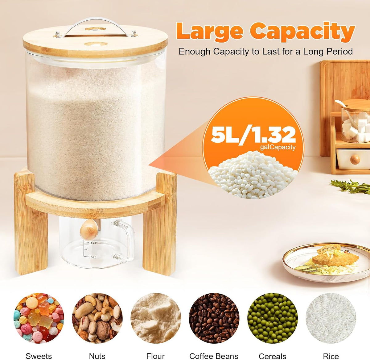 Rice Dispenser, Grain Dispenser Glass Bucket, Cereal Storage Dispenser, Large Capacity Storge Container for Dry Food (5 L)