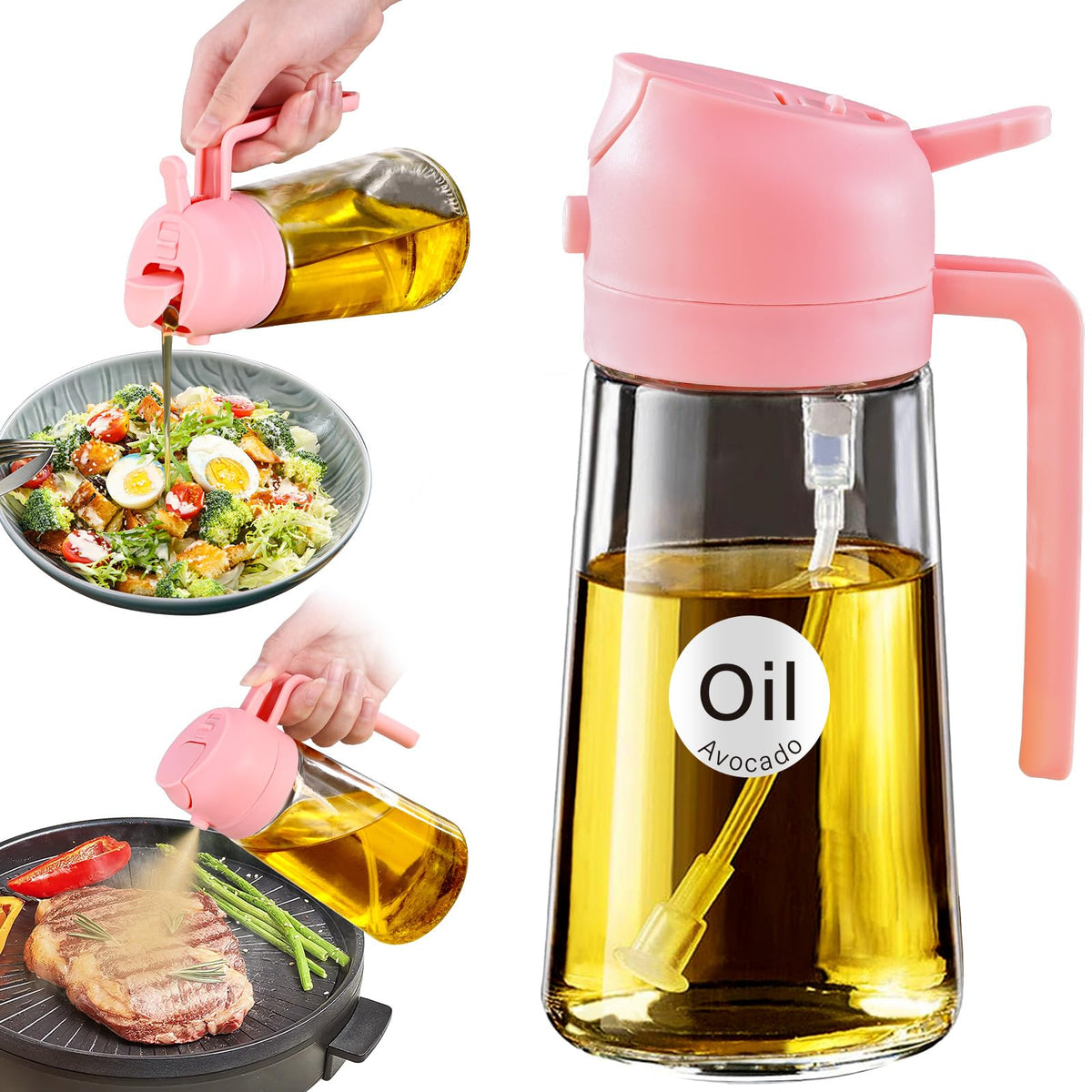 YARRAMATE Olive Oil Dispenser, 2 in 1 Oil Sprayer for Cooking, 16oz/470ml Glass Oil Spray Bottle with Pourer, Food-grade Oil Dispenser and Oil Sprayer for Kitchen, Salad, Frying, BBQ (Black & Green)