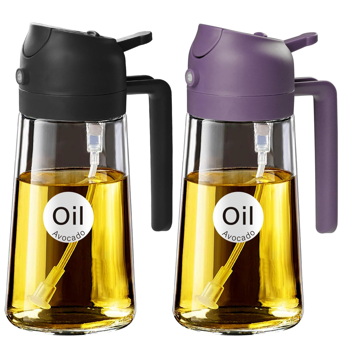 YARRAMATE 2Pcs 16oz/470ml 2 in 1 Oil Sprayer for Cooking with Stickers, Food-grade Glass Oil Spray Bottle, Oil Dispenser and Oil Sprayer for Kitchen, Salad, Frying, BBQ (White &Black)