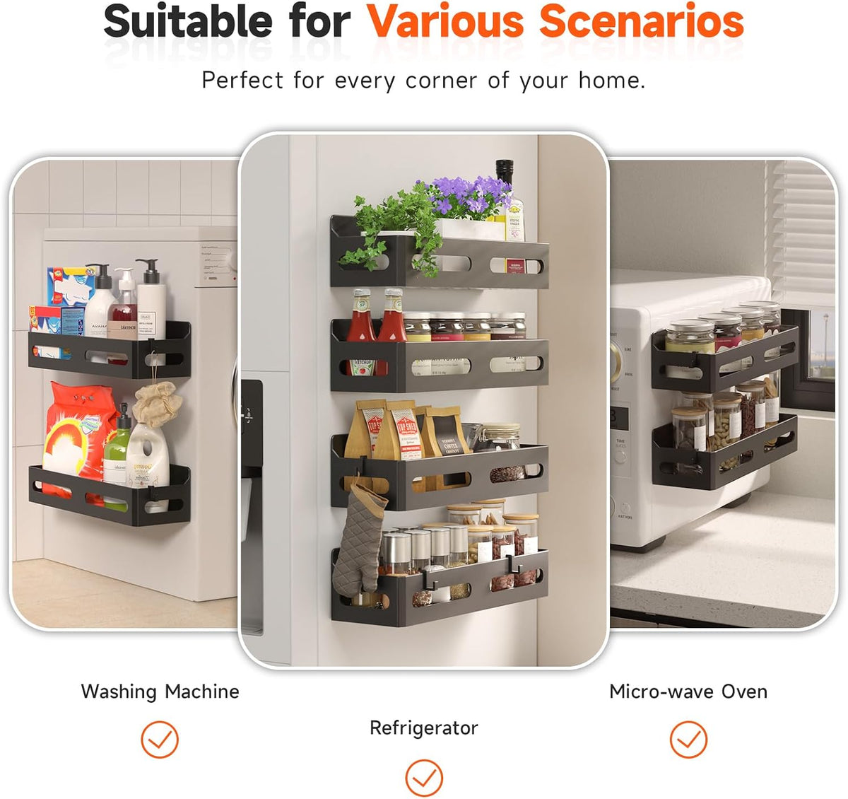 Sevenblue 4-Pack Magnetic Spice Rack for Refrigerator with Hooks, Black