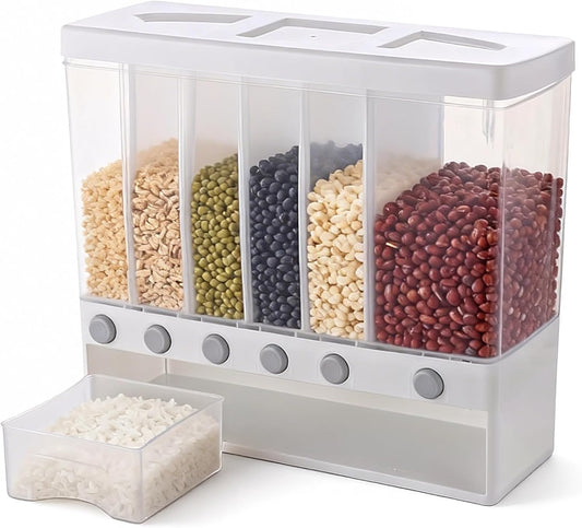 Wall Mounted 6-Grid Rice Dispenser, 22 lbs Large Capacity Dry Food Cereal Storage, Press Button Quantitative Output with Transparent Drawer for Kitchen Pantry Organization