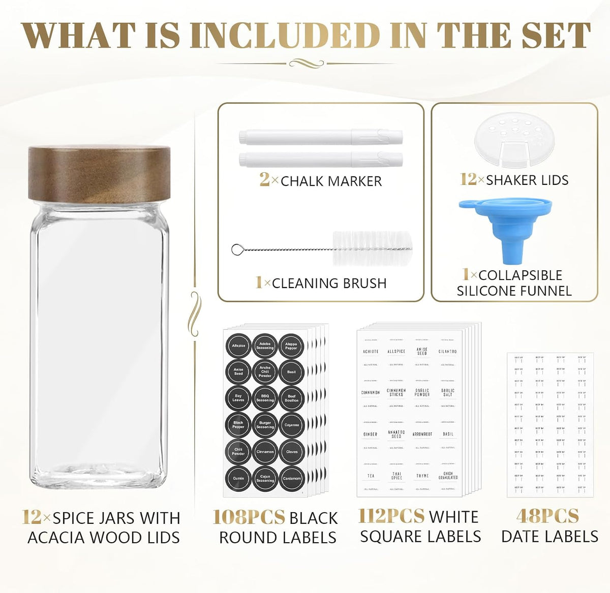 ZEHIQ 12Pcs 4oz Square Glass Spice Jars with Labels and Acacia Wood Lids