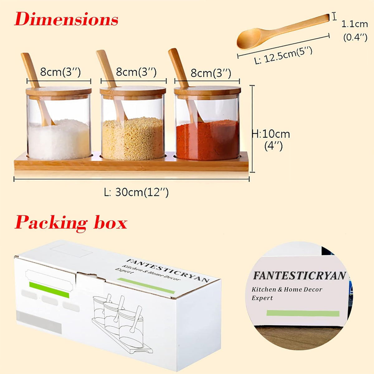 Glass Condiment Canister Pots Set, Salt Sugar Spice Storage, 10oz, 3 PCS