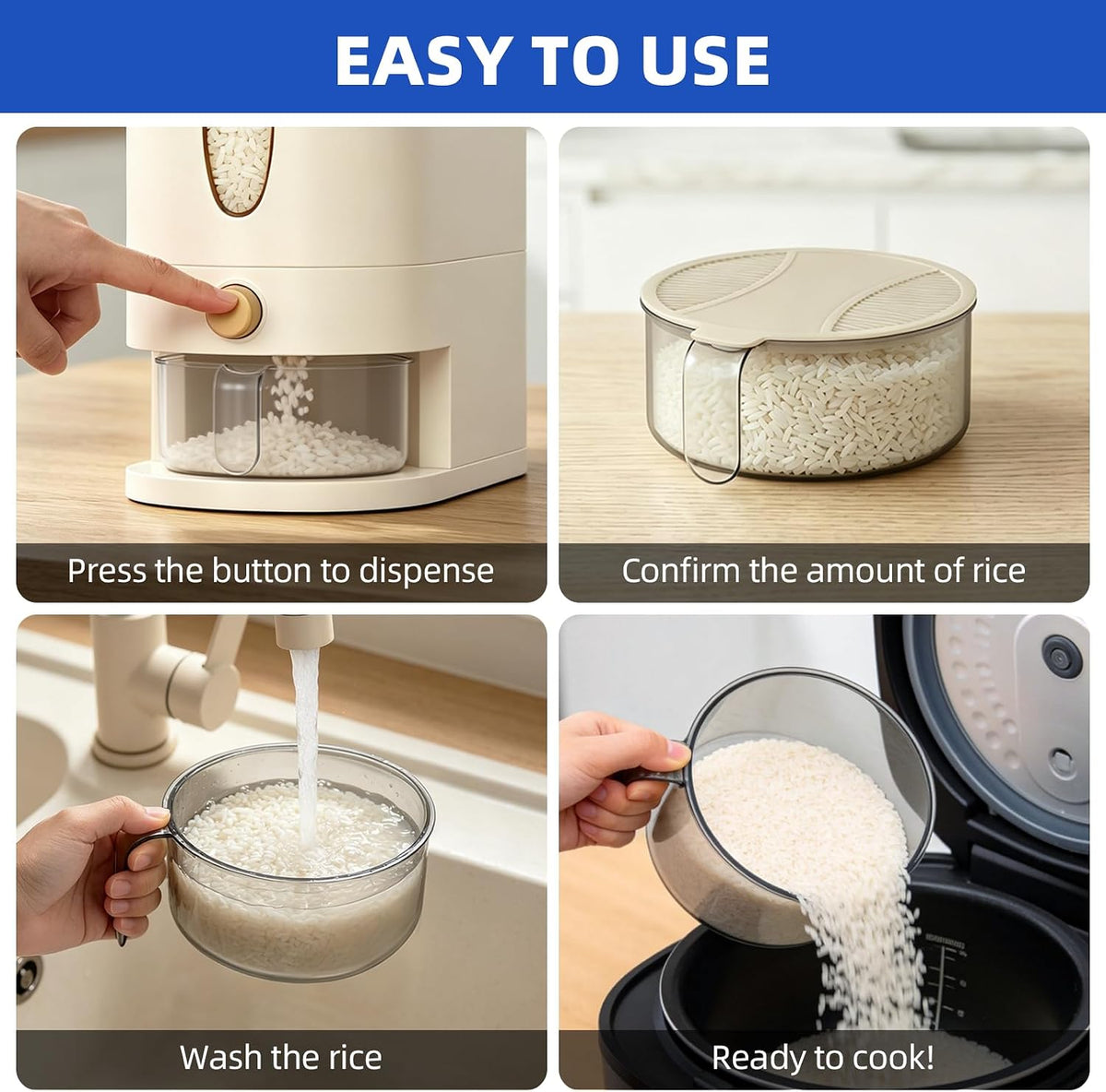 samstar Large Capacity Rice Dispenser 22-25 lbs, Sturdy & Airtight Rice Storage Container, Quick Rice Dispensing Design, Moisture Resistant Grain Storage Bin Rice Holder for Kitchen, BPA-Free, Beige