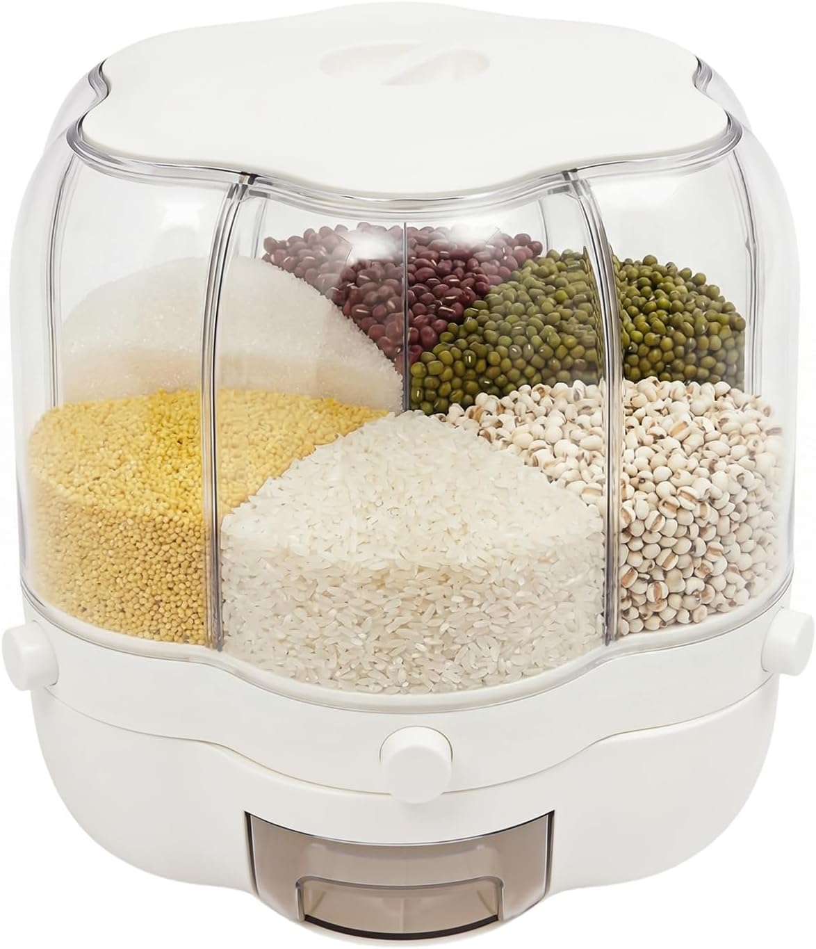 6 Compartment Rotating Rice Dispenser, Grain Storage Container for Dry Food, Cereal, Bean, Flour, Kitchen Countertop Pantry Organizer with Press Button Outlet, Clear Body, 17.64 lbs Capacity