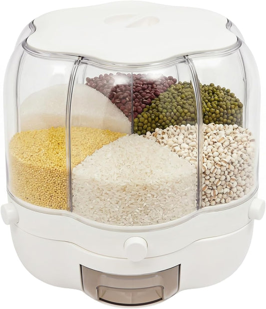6 Compartment Rotating Rice Dispenser, Grain Storage Container for Dry Food, Cereal, Bean, Flour, Kitchen Countertop Pantry Organizer with Press Button Outlet, Clear Body, 17.64 lbs Capacity