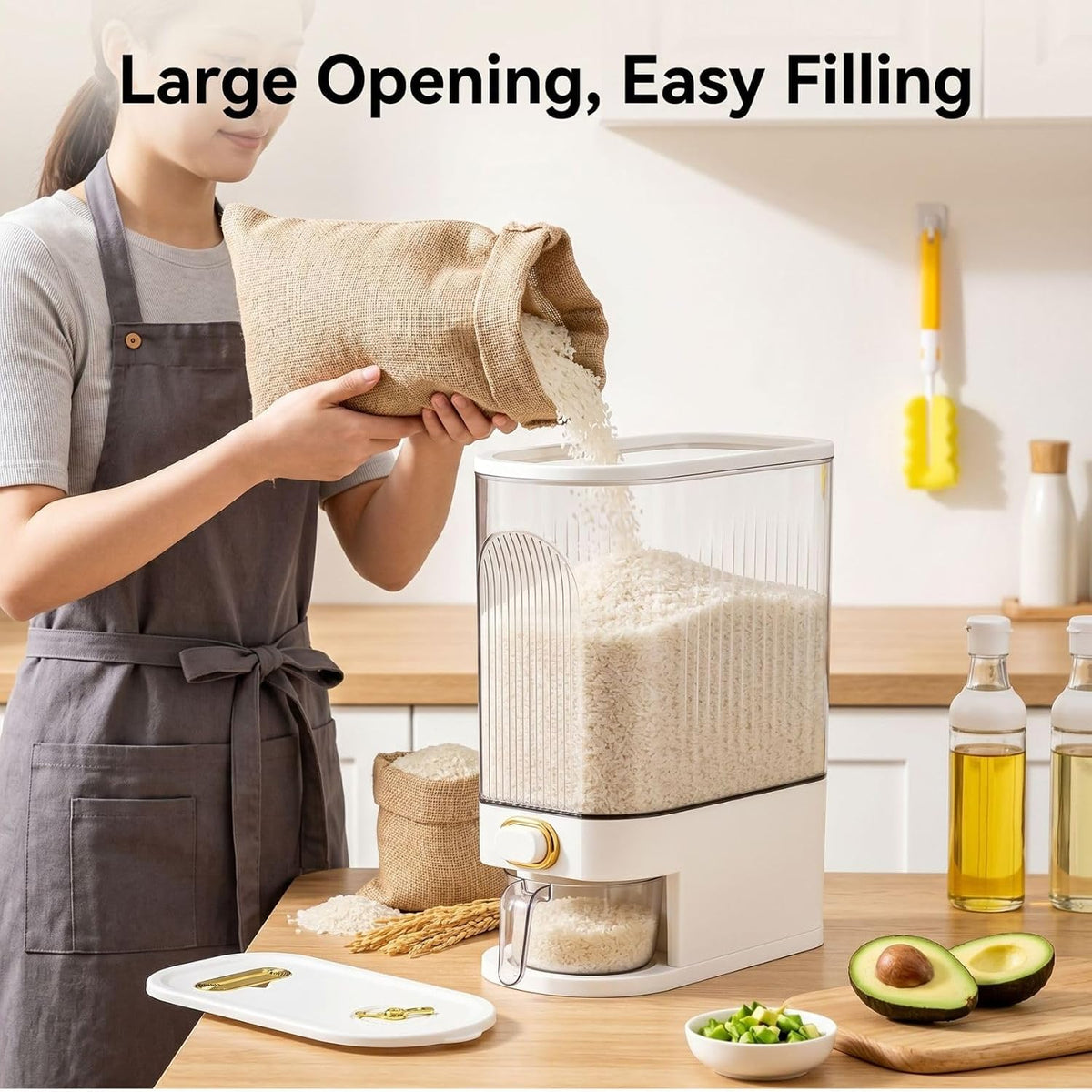Cididu Clear Rice Holder Dispenser, 22 Lbs Large Grain Storage Container with Measuring Cup, Cylinder Household Food Dispenser Bucket Kitchen Organization for Cereal Oatmeal Coffee Bean Soybean Corn