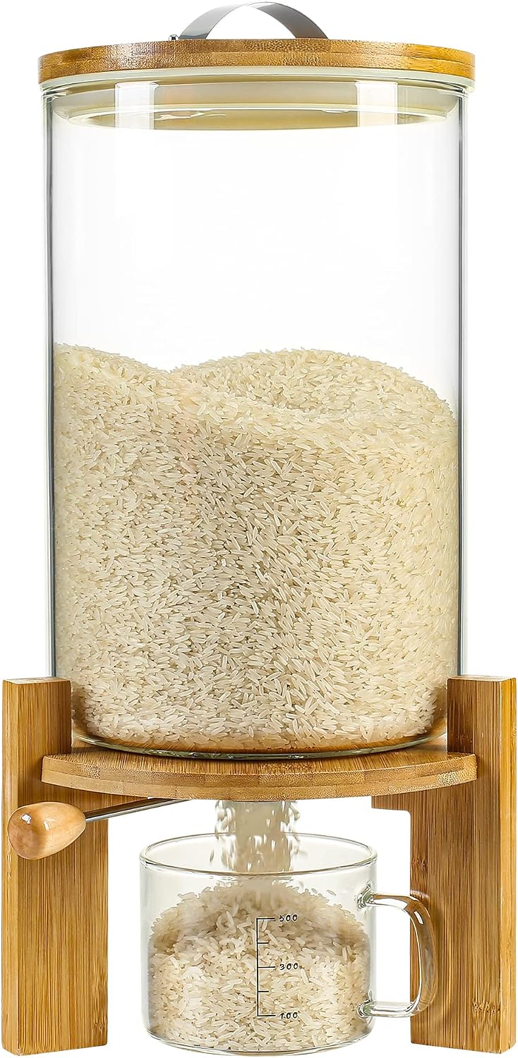 Glass Rice Dispenser, Airtight Rice Storage Container with Measuring Cup