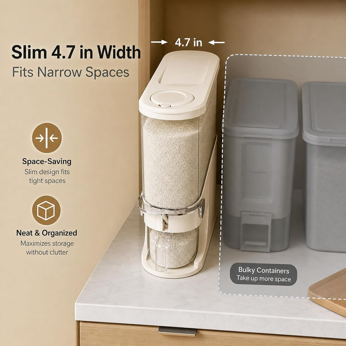 Rice Dispenser 11 Lb, Slim Rice Storage Container with Double Sealing Strip, Press to Dispense Cereal Container Airtight for Kitchen Pantry Organization, (Creamy Yellow-11lb)