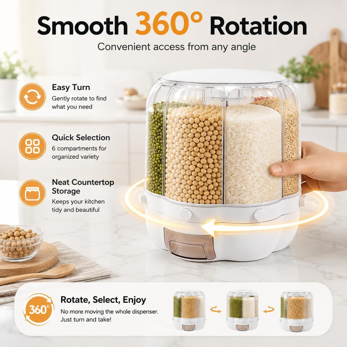 6-Compartment Rotating Rice Dispenser, 27lbs Storage Container for Dry Food