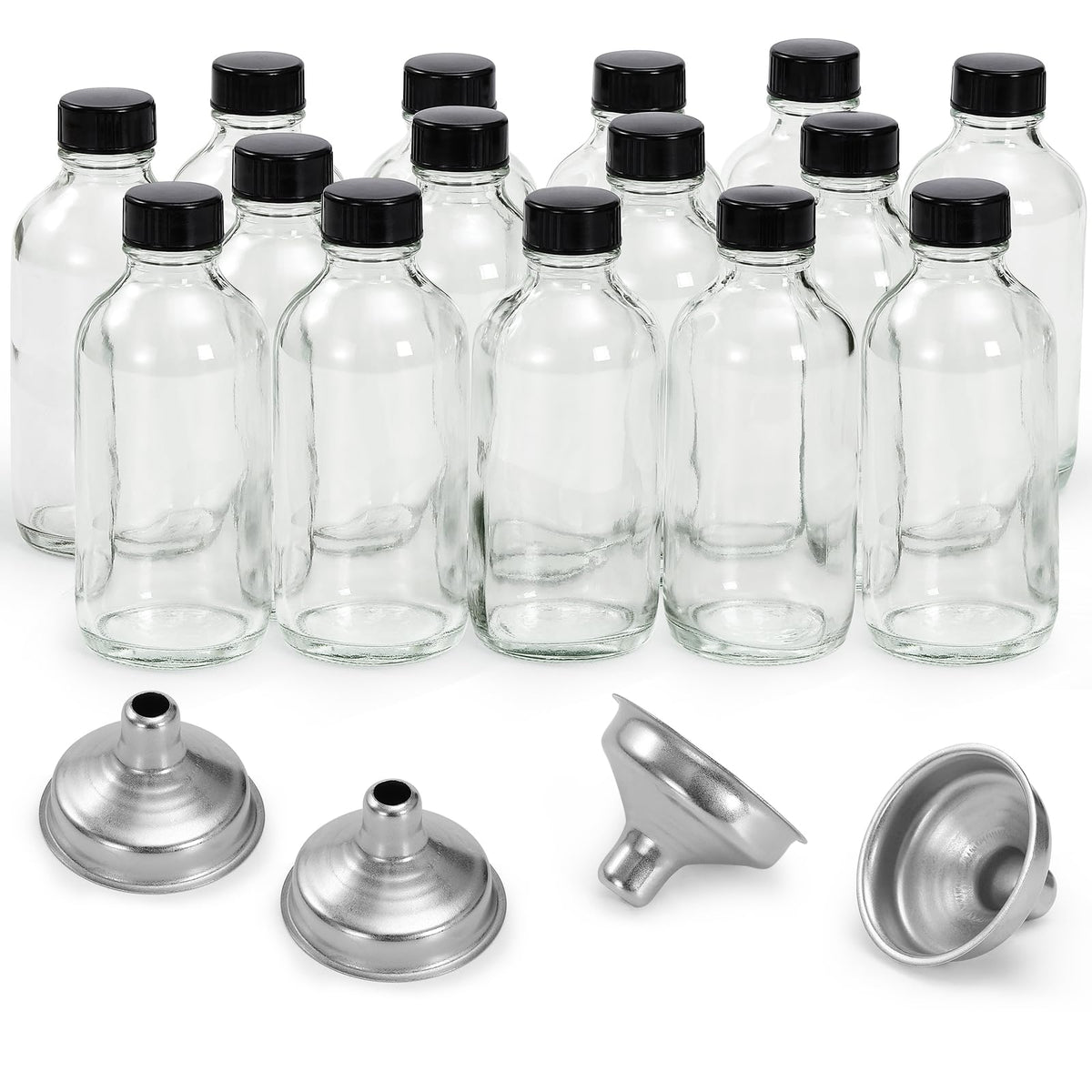 10 Pack, 4 oz Small Clear Glass Bottles w/ Lids & 3 Stainless Steel Funnel - 120ml Boston Round Sample Bottle for Potion, Juice, Ginger Shot, Wellness, Oils, Whiskey, Liquids - Leakproof Travel Bottle