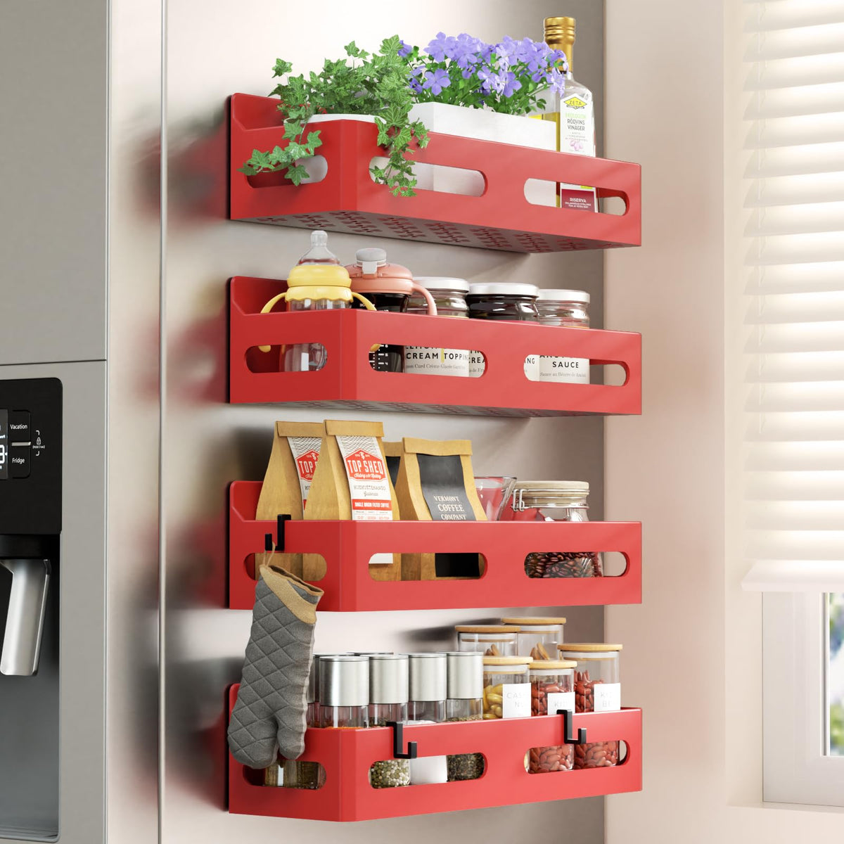 Sevenblue 4-Pack Magnetic Spice Rack for Refrigerator with Hooks, Black