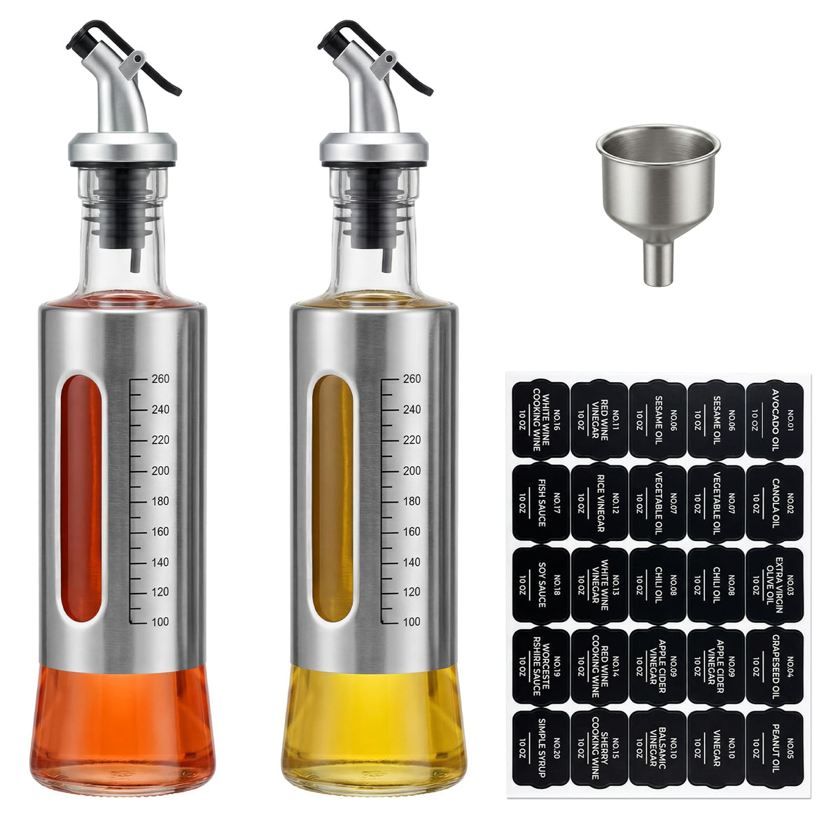 Olive Oil Dispenser for Kitchen, 4 Pack 10oz/300 ML Cooking Oil and Vinegar Dispenser Set with 20 Labels Stainless Steel Funnel, Olive Oil Bottle, Soy Sauce Dispenser, Coffee Syrup Bottles