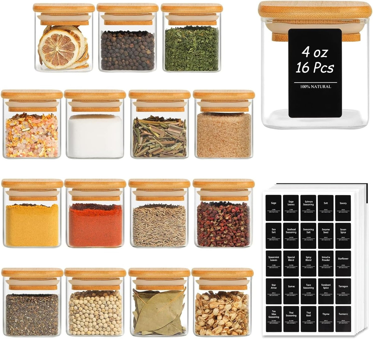 ComSaf Square Glass Spice Jars with Labels 8 oz 16 Pack with Bamboo Lids