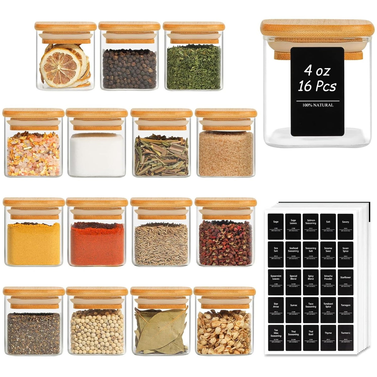 ComSaf Square Glass Spice Jars with Labels 8 oz 16 Pack with Bamboo Lids
