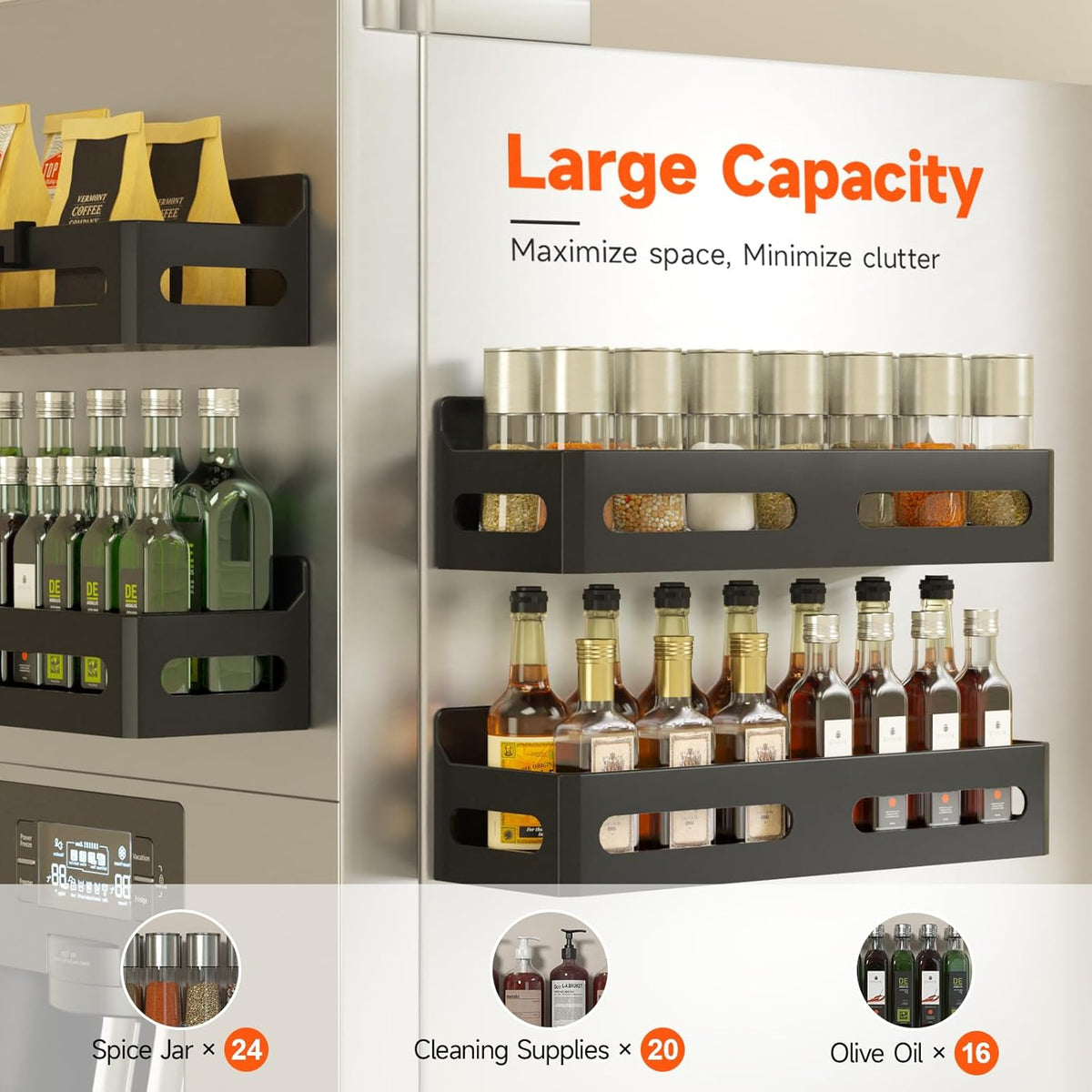 Sevenblue 4-Pack Magnetic Spice Rack for Refrigerator with Hooks, Black