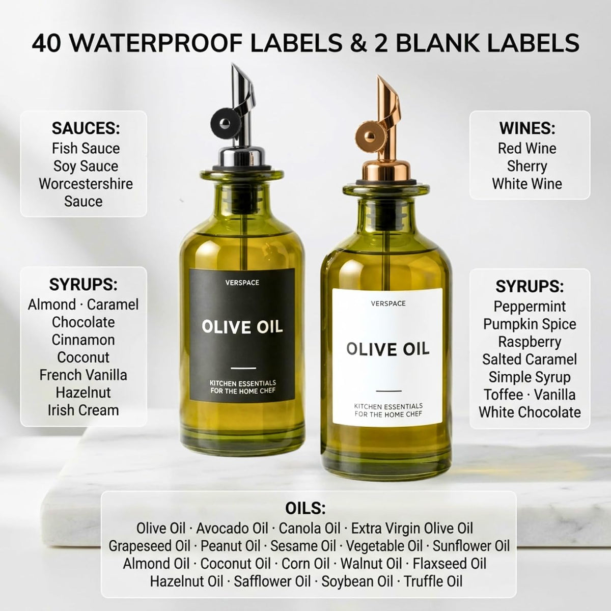 Verspace Green Glass Olive Oil Dispenser Bottles For Kitchen - 2 Pack - 12oz Includes 42 Kitchen Essential Labels, Avocado Oil Dispenser Set, Modern Decor for Home, Airbnb, Cafe