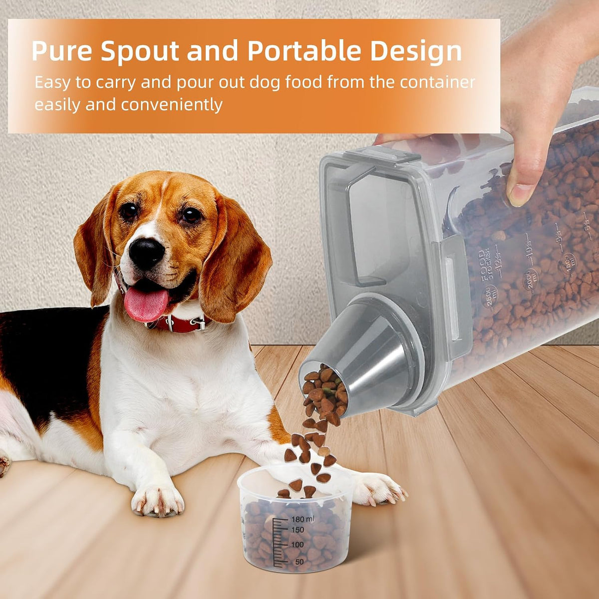 LEAWALK 3-5Lbs/3Qt Dog Cat Food Storage Container With Foldable Bowl., Plastic Pet Food Dispenser for Small Animal Kibble/Pet Food/Bird Seed/Oatmeal/Rice/Flour/Brown Sugart/Cereals (Clear Grey)