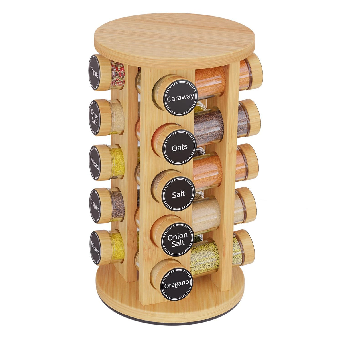 Revolving Spice Rack Set with 20 Spice Jars, Kitchen Spice Tower Organizer for Countertop or Cabinet -- Carousel Storage Includes 386 Spice Labels -- Desktop Rotating Seasoning Organizer